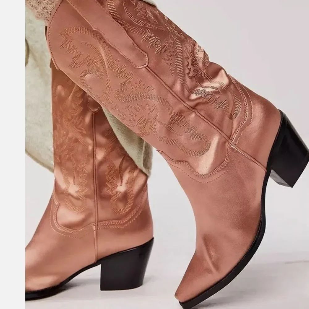 Free People Dagget Western Boots Champagne Rose Satin Amaya Western Size 6